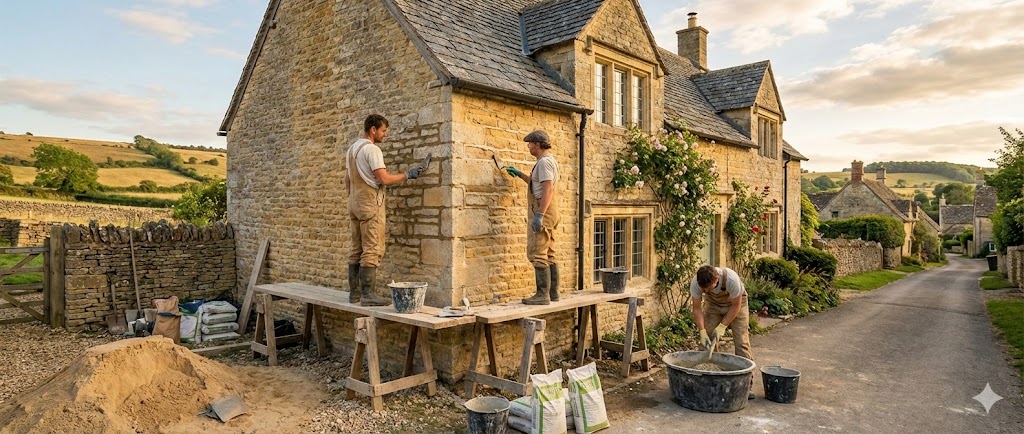 Traditional lime rendering on Cotswold stone cottage in Stroud Gloucestershire